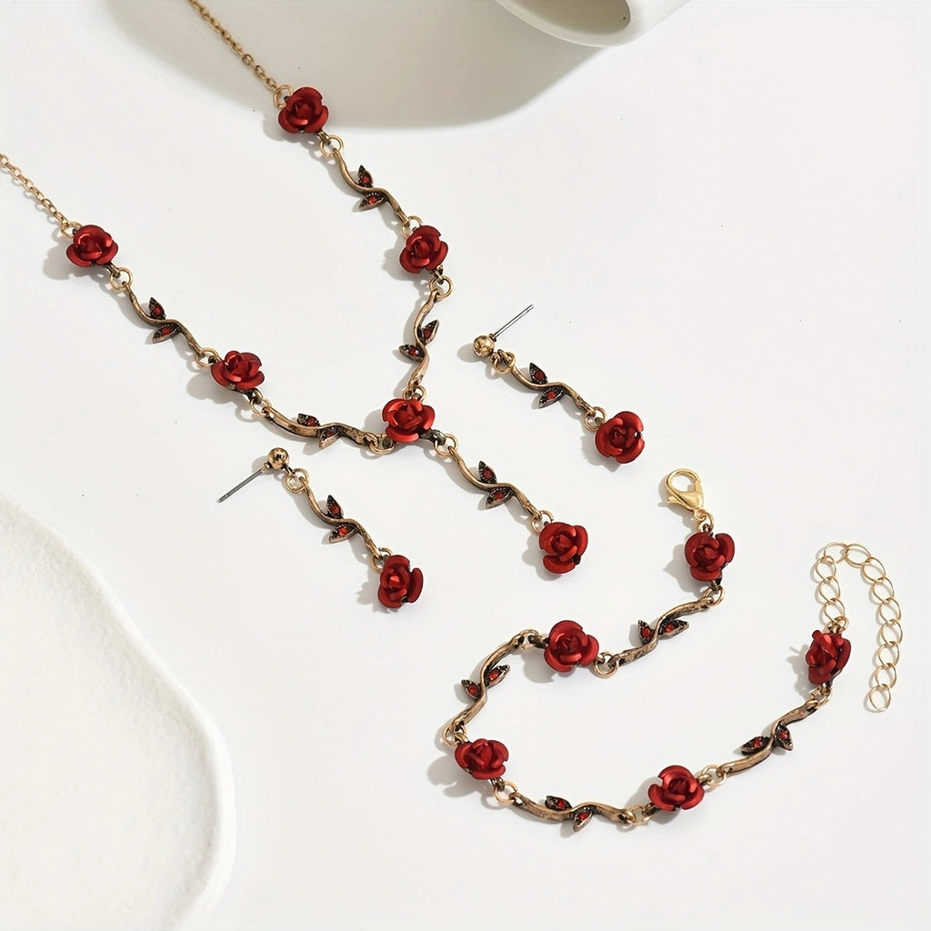Lxalry Romantic Red Rose Jewelry Set, Handmade Electroplated Necklace Bracelet & Earrings Trio, Bridal Gift For Wedding Elegance & Everyday Romance