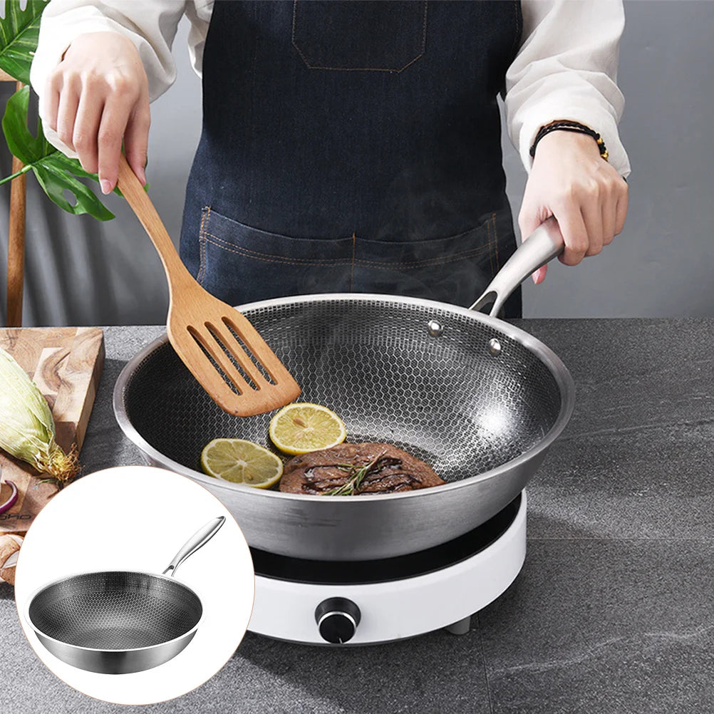 Pan Wok Frying Skillet Honeycomb Cooking Nonstick Induction Flat Stir Kitchen Fry Stainless Stove Steel Bottom Saute Gas