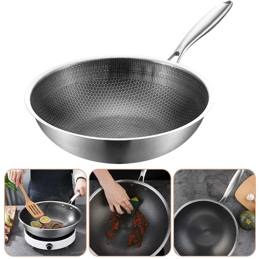 Pan Wok Frying Skillet Honeycomb Cooking Nonstick Induction Flat Stir Kitchen Fry Stainless Stove Steel Bottom Saute Gas