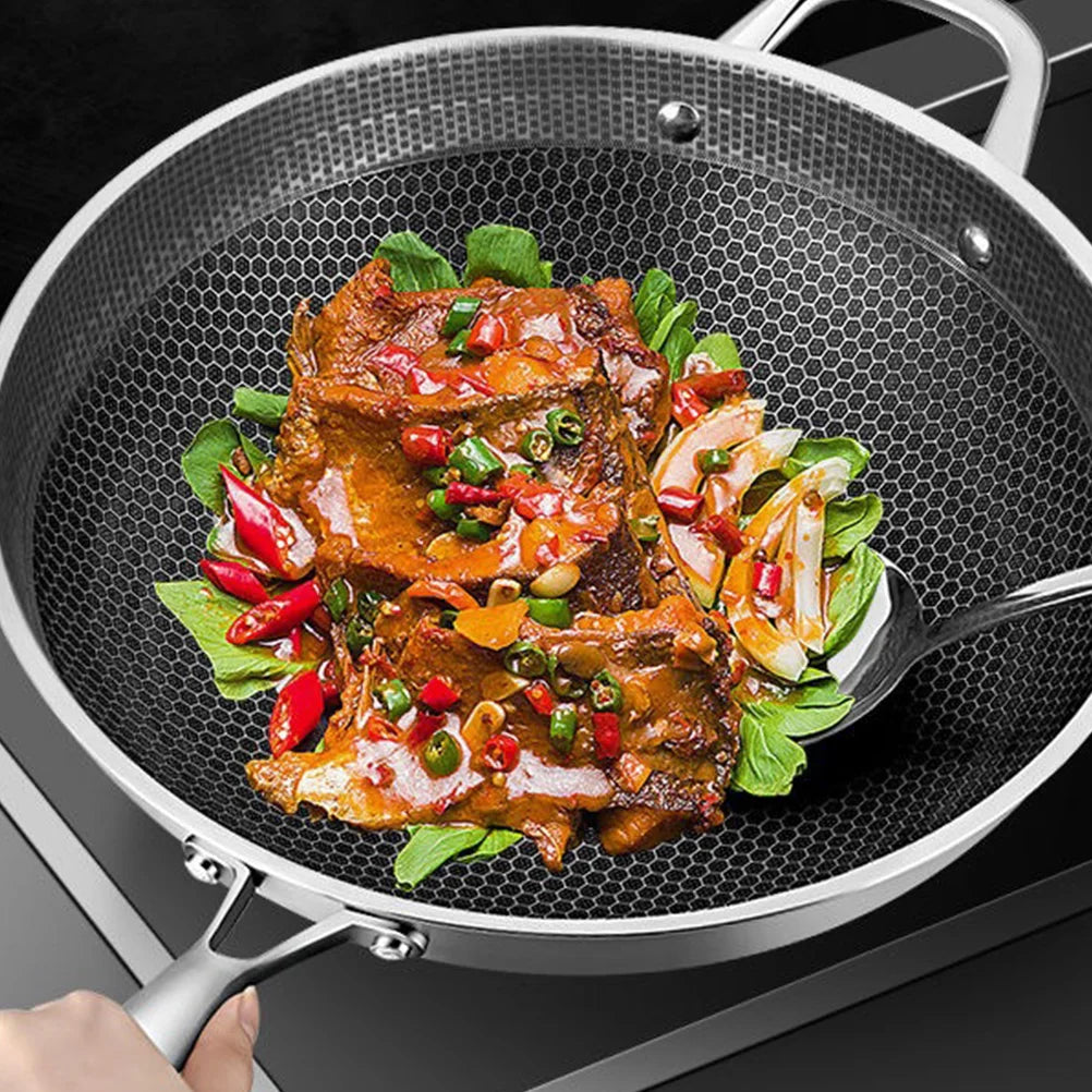 Pan Wok Frying Skillet Honeycomb Cooking Nonstick Induction Flat Stir Kitchen Fry Stainless Stove Steel Bottom Saute Gas